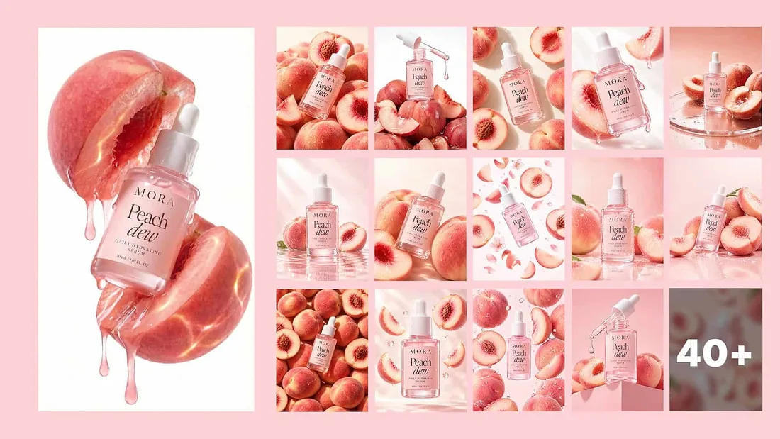 Contact sheet of the same peach serum bottle across dozens of peach scenes with a consistent subject