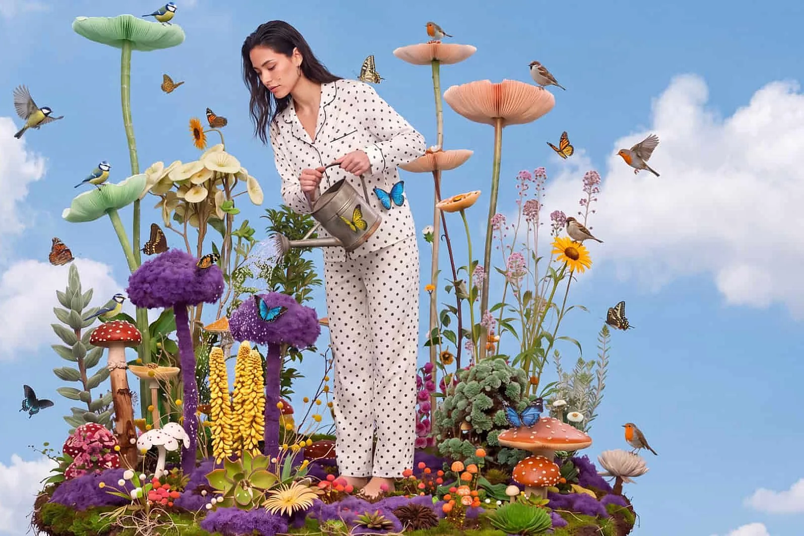 Surreal composite of a person watering plants on a floating island, fusing portrait, florals, sky, and props