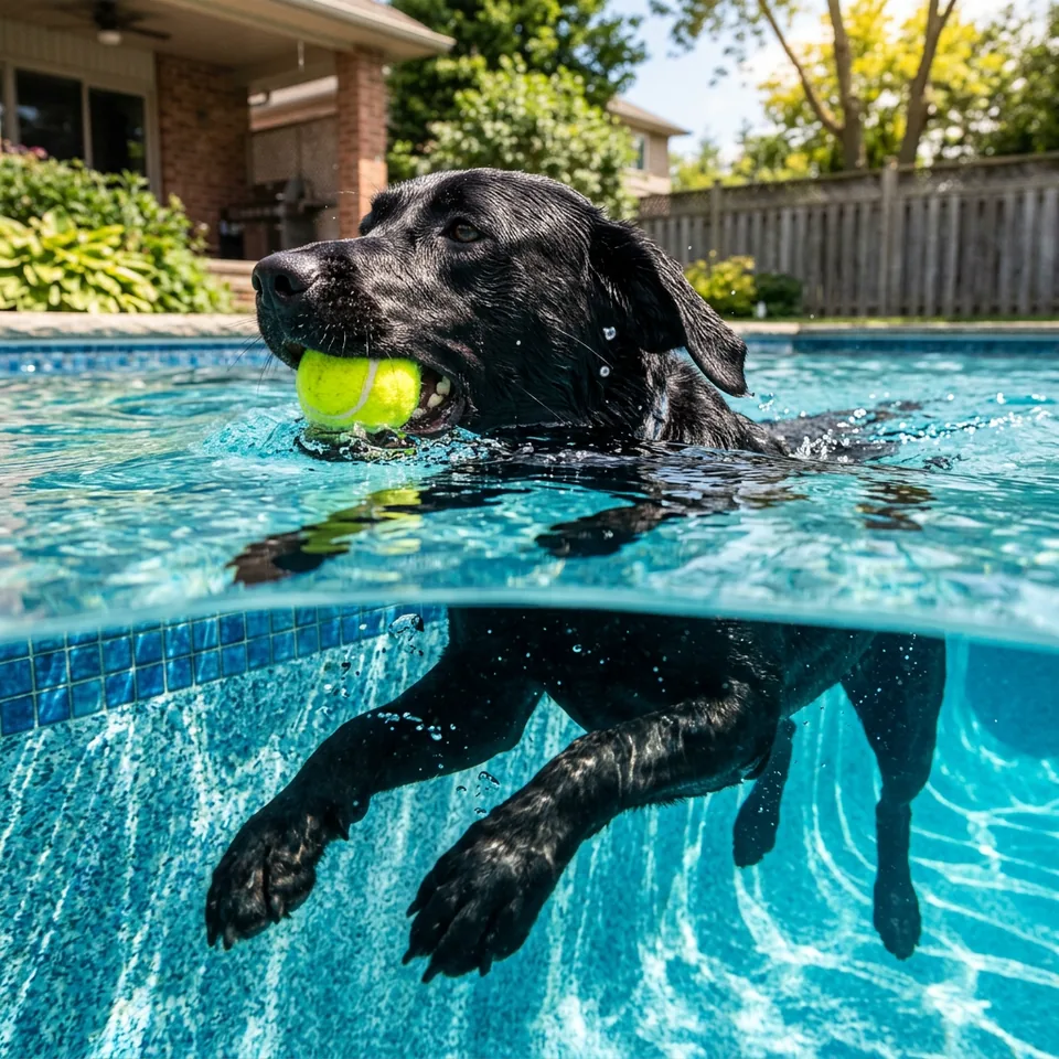 Photoreal rendering of a black Labrador fetching a tennis ball in a pool, sharp above and below the waterline