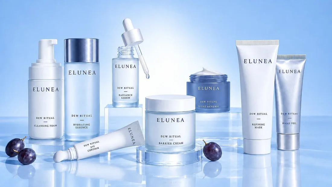 Seven-product catalog shot for fictional skincare brand ELUNEA, light blue tones with legible bottle labels