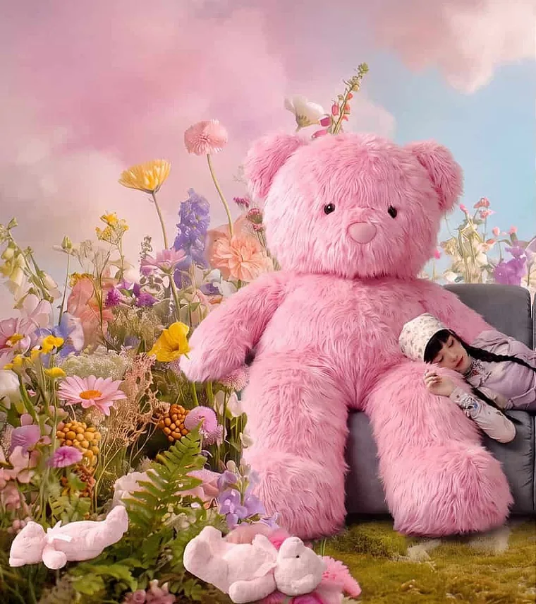 The same composition re-rendered as a fantasy scene with a giant pink teddy bear and flower meadow