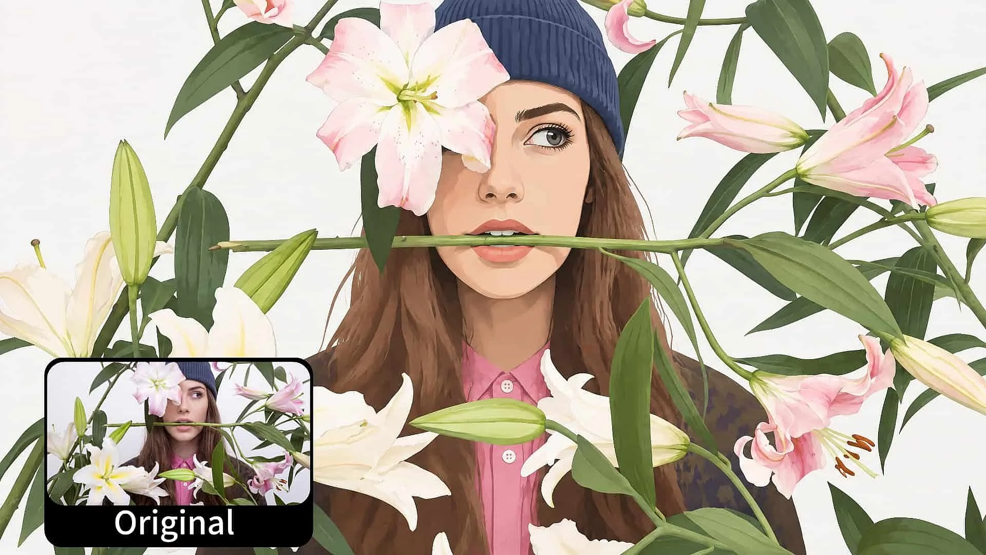 The same composition rendered as a delicate illustration with pose and flower layout preserved